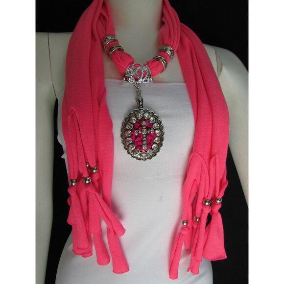 Women Super Fashion Long Pink Beads Scarf Warp Rhinestones Cross Pendant - Picture 1 of 12